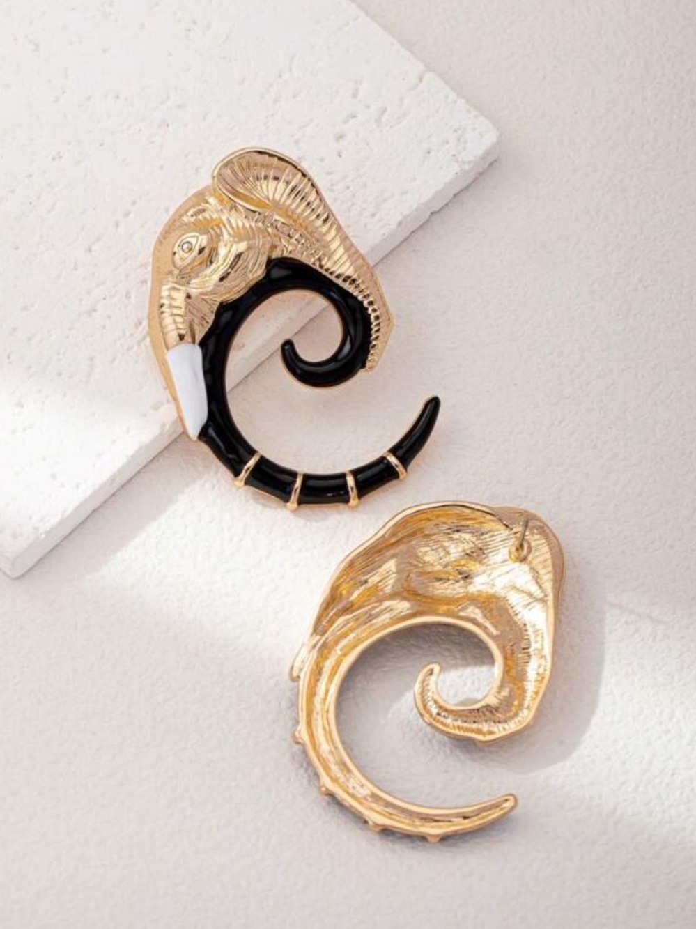 Gold and Black Elephant Spiral Hoop Earrings - Picture 3 of 5